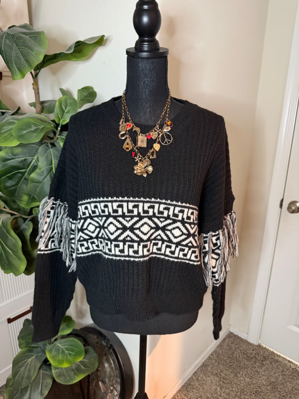 Black Fringe Geometric Knit Sweater with White Detail